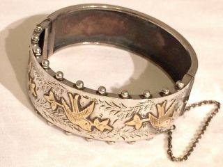 Antique / Vintage Silver & Gold Lovers Cuff Bangle.  Motif Of Promise & Fidelity
