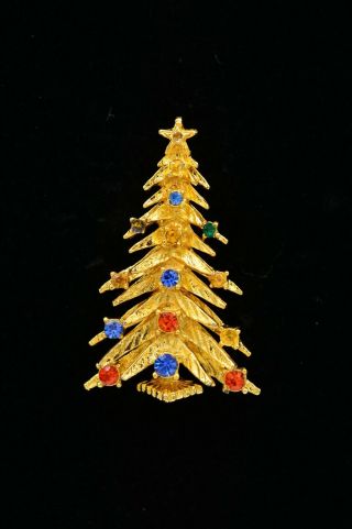 Art Vintage Pin Brooch Statement Rhinestone Christmas Tree Gold Holiday Binf