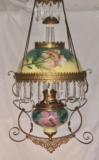 Antique Large Hand Painted Gwtw Hanging Parlor Lamp Hurricane W/32 Hang Crystals