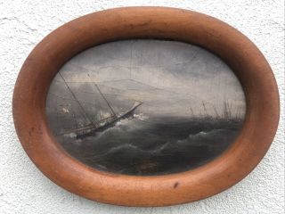 Antique Oil On Artist Board Of Ships In Stormy Seas 8” X 10 1/4” X 1”