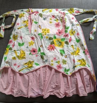 Vintage Style Pink Half Skirt Apron Yellow Birds Pockets 2 Layer Floral