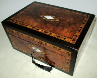 Stunning Victorian Walnut/banded & Mother Of Pearl Box With Key