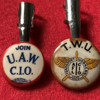 2 Vintage Union Pencil Clips: Join U.  A.  W.  C.  I.  O,  And T.  W.  U.  C.  I.  O