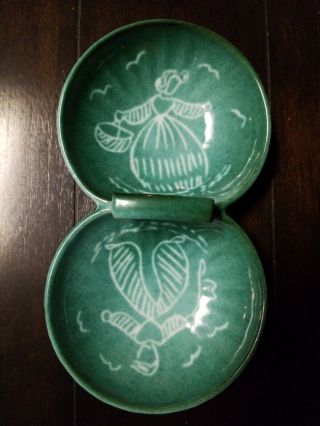 Vintage Ceramic Double Spoon Rest Green - Man On One Side & Woman On The Other