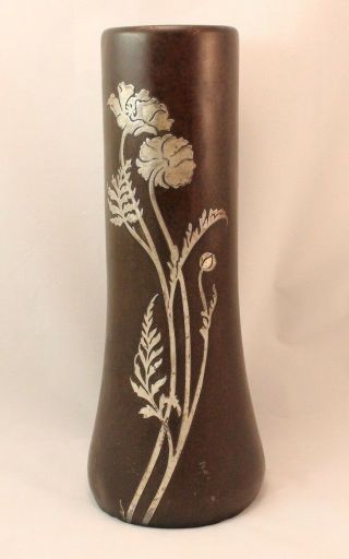 Antique Heintz Arts & Crafts Sterling On Bronze Silver Vase 12 5/16 Tall