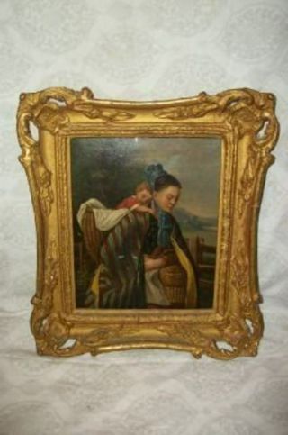 Early 19th C.  French Oil Painting Peasant Lady Sleeping Baby On Tin Ornate Frame