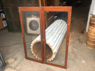 Gorgeous Pair Vintage Quartersawn Oak Cabinet Doors 47” X 19” Old Wavy Glass