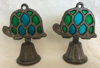 Set Of 2 Vtg 60’s/70’s Blue - Green Stained Glass Pewter Bells,  Turtle Design