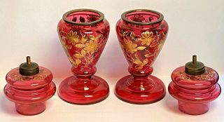 2 Antique Moser Cranberry & Gold Vase Oil Lamp Set