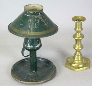 Rare 19th C Tin Whale Oil Lamp With Tin Shade In Green Paint