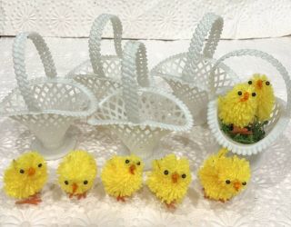 Vintage Miniature Easter Pom Pom Chenille Chicks Easter Candy Baskets 12 Pc Set