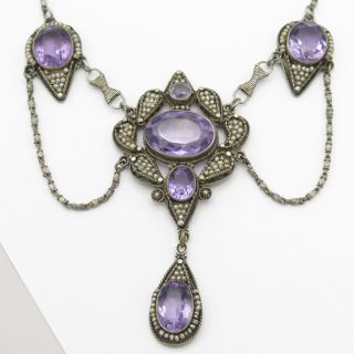 Vtg Antique Arts & Crafts Sterling Silver Amethyst Seed Pearl Festoon Necklace 4