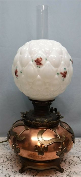 Antique Electrified B&h Cooper Oil Banquet Table Lamp Gwtw Quilted Globe Clovers