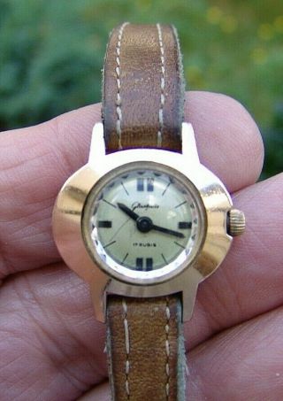 14 Karat Gold Plaque Vintage " GlashÜtte " Damen Armband Uhr,  17 Jewels,  LÄuft