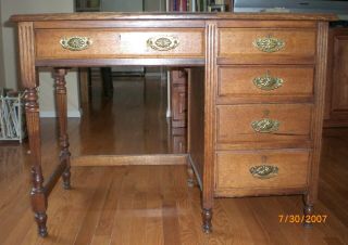Antique Pre 1870 Desk With Leather Top & Inkwell/pen Slots