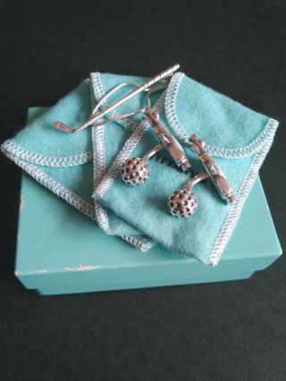 Vintage Tiffany & Co Paris Sterling Silver Golf Cufflinks Tie Bar Crip Set