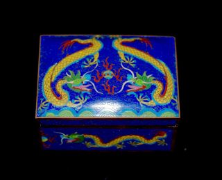 Antique Chinese Cloisonne Qing Imperial Dragons Box Blue Background