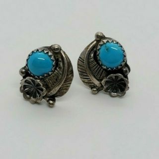 Vintage Navajo Sterling Silver Turquoise Post Pierced Earrings Flower & Leaf