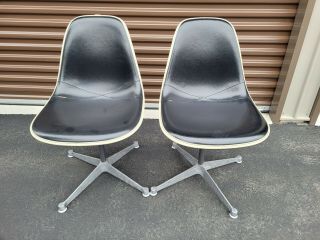 Pair Vintage Herman Miller Eames Naugahyde Fiberglass Shell Chair Swivel Base 4