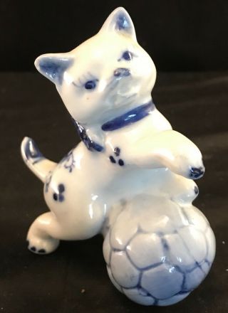 Blue And White Porcelain Cat With Soccer Ball Figurine Delft Style Vintage