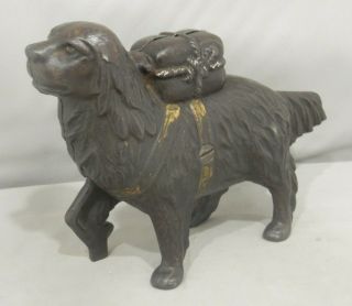 Vintage Large Rescue Dog With Pack Cast Iron Still Bank