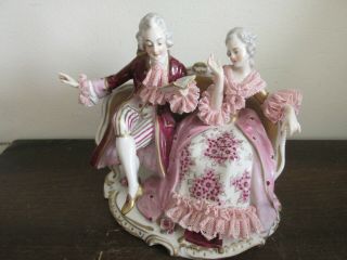 Antique Volkstedt Dresden Lace Germany Porcelain Figurine Couple On The Bench
