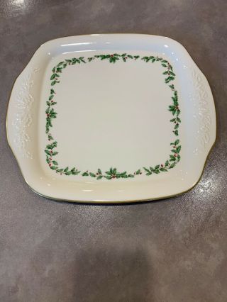 Vtg Lenox Holiday Dimension Holly Berry Square Handled Cake Plate Embossed