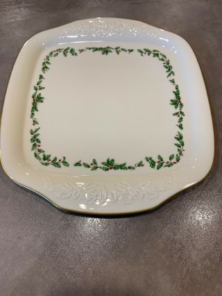 Vtg Lenox Holiday Dimension Holly Berry Square Handled Cake Plate Embossed 3
