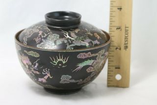 Vintage Japanese Black Lacquer & Abalone Inlay Flying Dragon & Clouds Tea Bowl