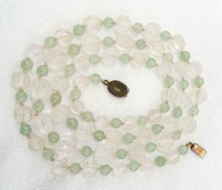 Antique Chinese Carved Melon Rock Crystal Quartz Knotted Bead 37” Necklace 105g