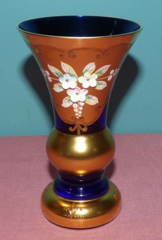 Vintage Bohemian Cobalt Blue Glass Gold Gilt Vase With Applied Flowers
