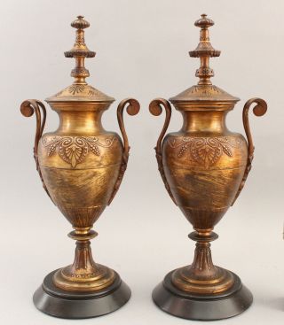 Pair Antique 19thc Victorian Aesthetic Bronze & Slate Mantle Urns,  Nr