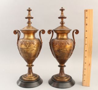Pair Antique 19thC Victorian Aesthetic Bronze & Slate Mantle Urns,  NR 2