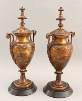 Pair Antique 19thC Victorian Aesthetic Bronze & Slate Mantle Urns,  NR 5