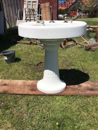 Antique Standard Porcelain Cast Iron Oval Fluted Pedestal Sink
