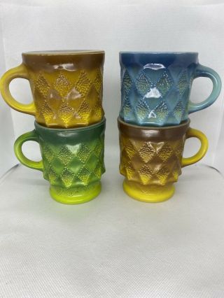4 Vintage Fire King Anchor Hocking Green,  Yellow,  Blue Kimberly Coffee Cups Mugs