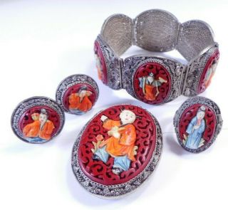 Antique Chinese Carved Cinnabar & Painted Figure Filigree Set Bracelet Ring Clip