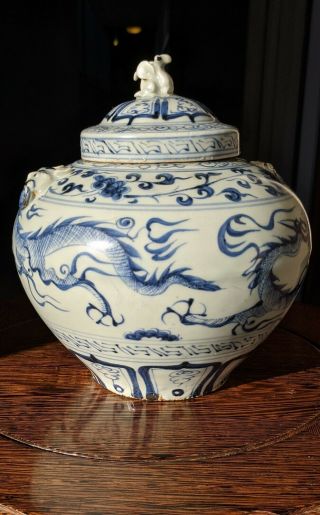 5.  5 " Tall Hand - Painted Dragon Blue And White Vintage Porcelain Jar With Lid