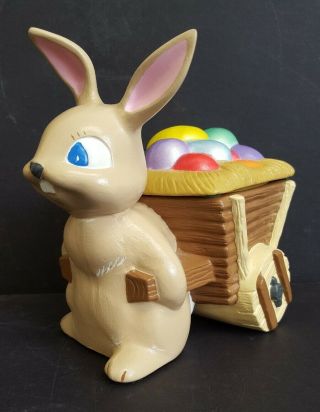 Vintage Ceramic Mold Easter Bunny Rabbit Pulling Cart Eggs Candy Dish Trinket
