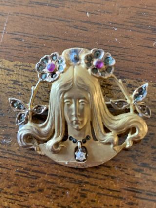 Antique 14k Gold Art Nouveau Head Of Woman Pin Diamond & Stones