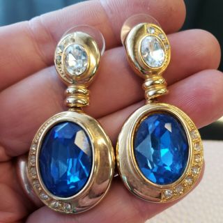 Vintage High End Gold Tone Blue White Glass Rhinestones Dangle Earrings 2 " T