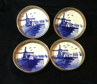 Vintage Antique Set Of 4 Delft Dutch Holland Ceramic Tile Silver Drink Coasters
