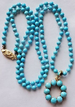 Antique Victorian 9k Solid Gold Natural Turquoise Pendant - 20 " Bead Necklace