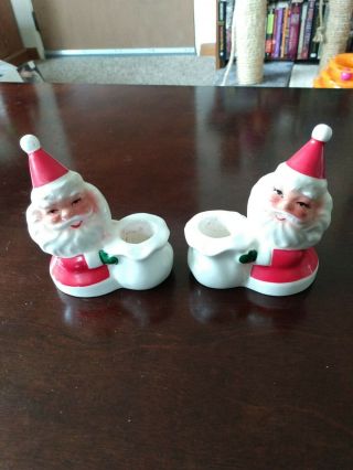 2 Vintage Christmas Santa Claus Candle Stick Holders Brinn’s Japan