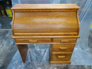Vintage Roll Top Desk,  Solid Oak With Glass Surface