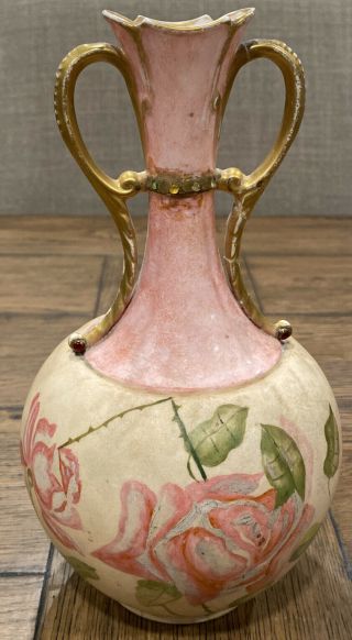 Antique Ktk Lotus Ware Thebian Vase Handprinted W/ Pink Roses & Gold Handles