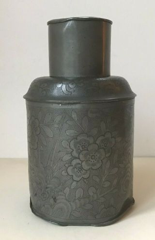 Antique Chinese Kut Hing Swatow Pewter Tea Caddy,  Chased With Birds & Flowers