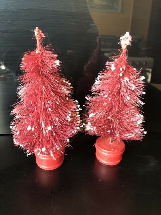 2 Red Vintage Christmas Putz Bottle Brush Trees Turned Wooden Pots