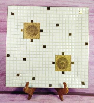 Georges Briard White Gold Mosaic Tile Dish Tray Square Signed Vintage 1960s Mcm