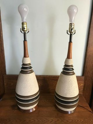 2 Vintage Mid Century Danish Modern Textured Ceramic Teak Wood Pair Mcm Lamps